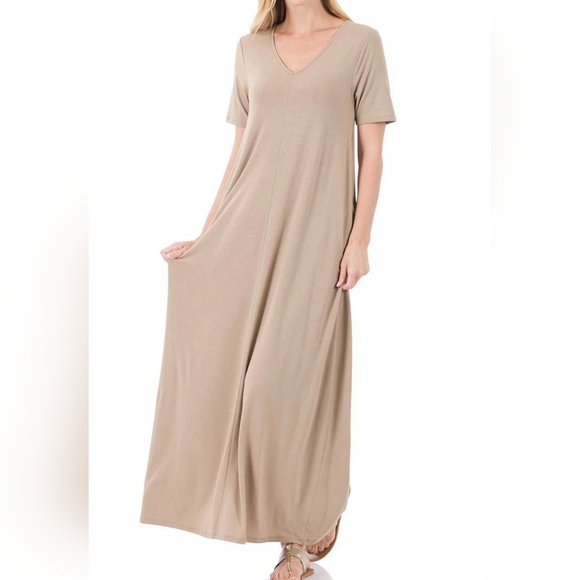 #454 FINAL SALE 🛑S,XL V-Neck Short Sleeve Maxi Dress w/ Side Pockets - Picture 2 of 2